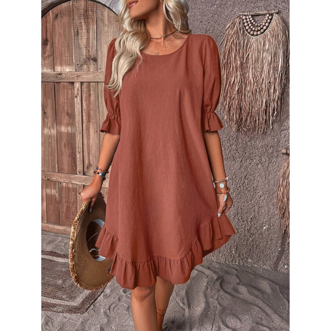 Xenos | Casual Round Neck Ruffled Sleeve Mini Dress For Women