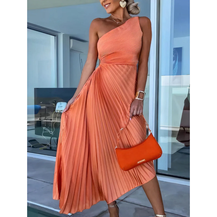 Eleuthia | Summer One Shoulder Pleated Midi Dress For Women