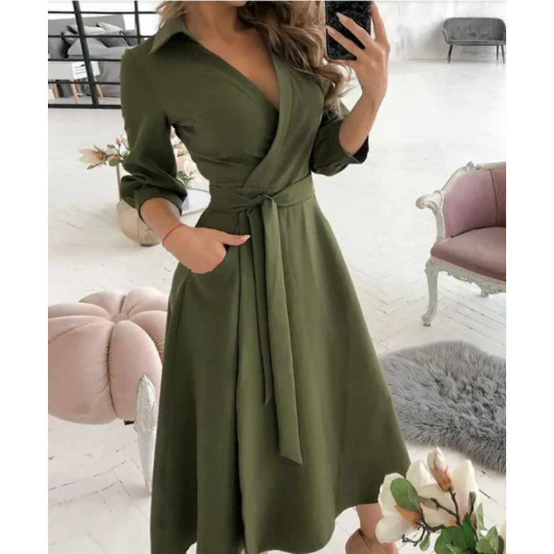 Jin | Puffed Sleeve Wrap Midi Dress For Women