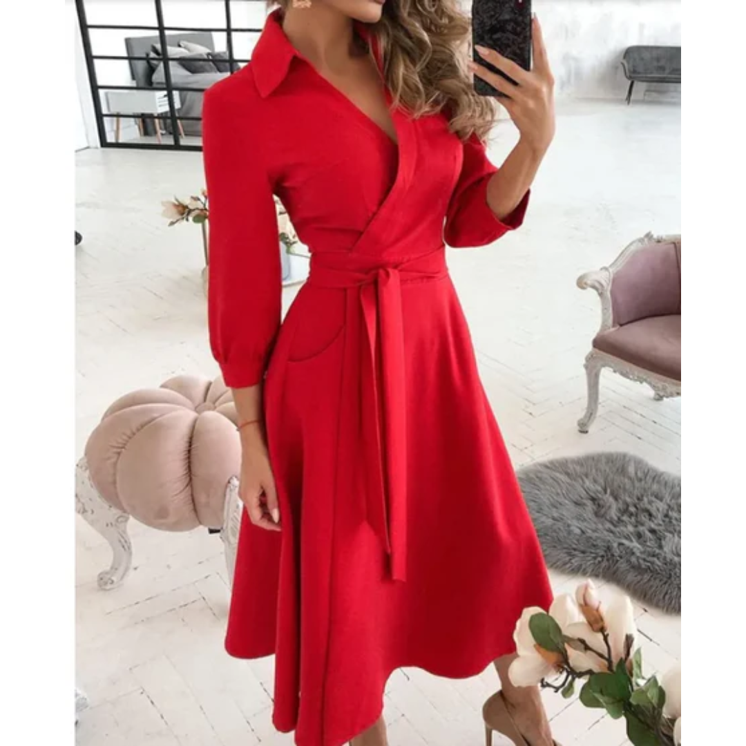 Jin | Puffed Sleeve Wrap Midi Dress For Women