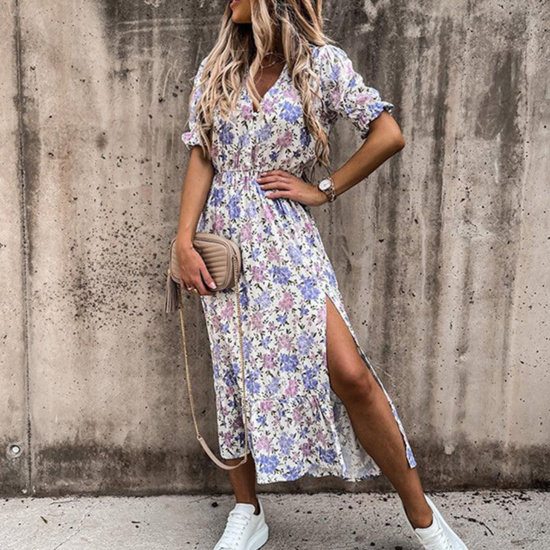 Hadea | Floral Summer V Neck Midi Dress With Slit For Women