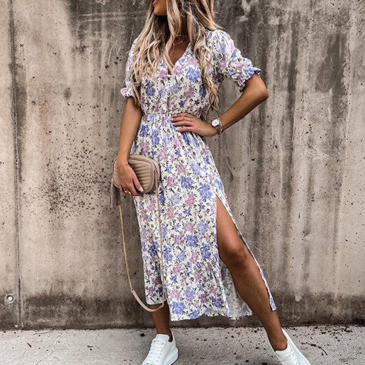 Hadea | Floral Summer V Neck Midi Dress With Slit For Women