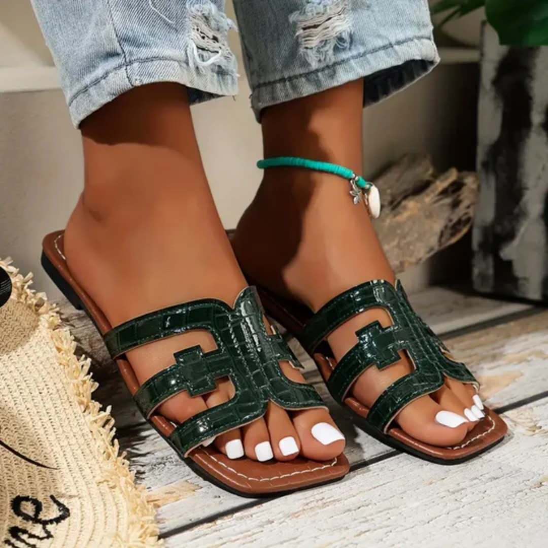 Huela | Stylish Textured Orthopedic Square Flat Sandals For Women