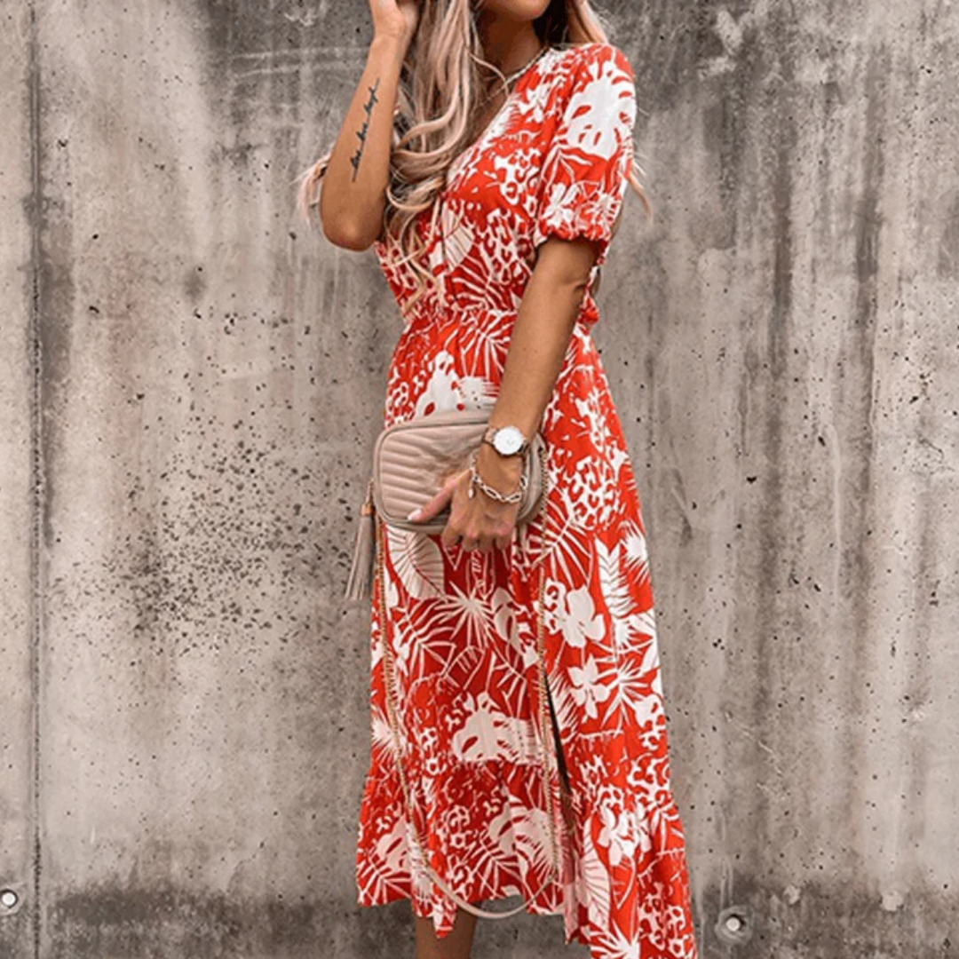 Hadea | Floral Summer V Neck Midi Dress With Slit For Women