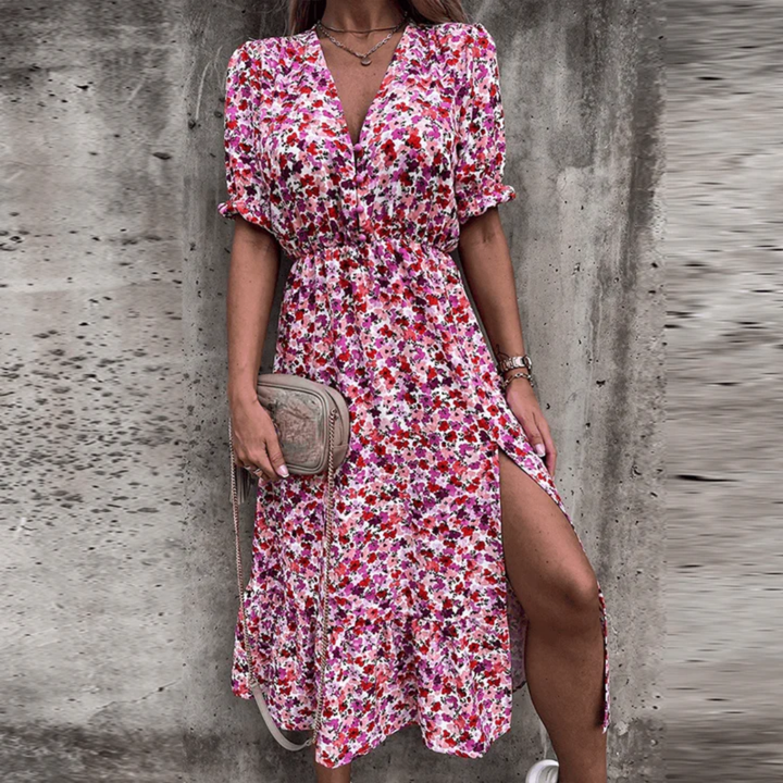 Hadea | Floral Summer V Neck Midi Dress With Slit For Women