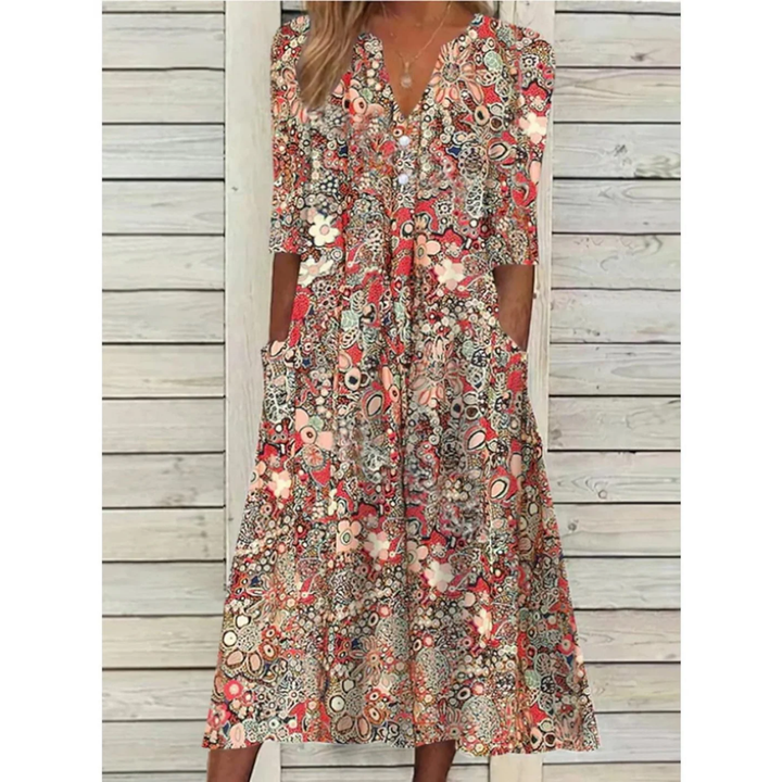 Aloise | Summer Floral V Neck Midi Dress For Women