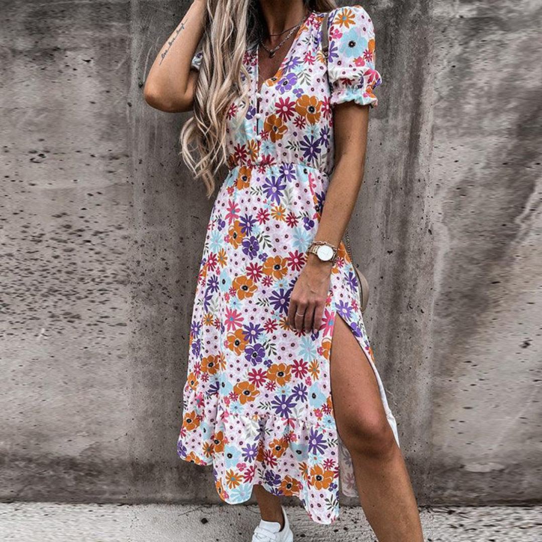 Hadea | Floral Summer V Neck Midi Dress With Slit For Women