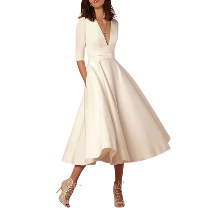 Maya | Elegant White Long Sleeve Midi Dress For Women