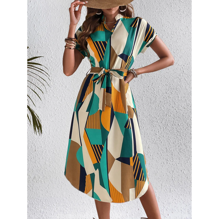 Hallyn | Summer Abstract Polo Midi Dress With Belt For Women