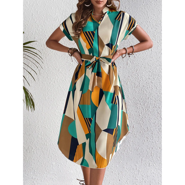 Hallyn | Summer Abstract Polo Midi Dress With Belt For Women