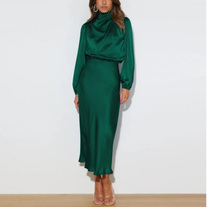 Janeil | Elegant Work Turtle Neck Long Sleeve Midi Dress For Women