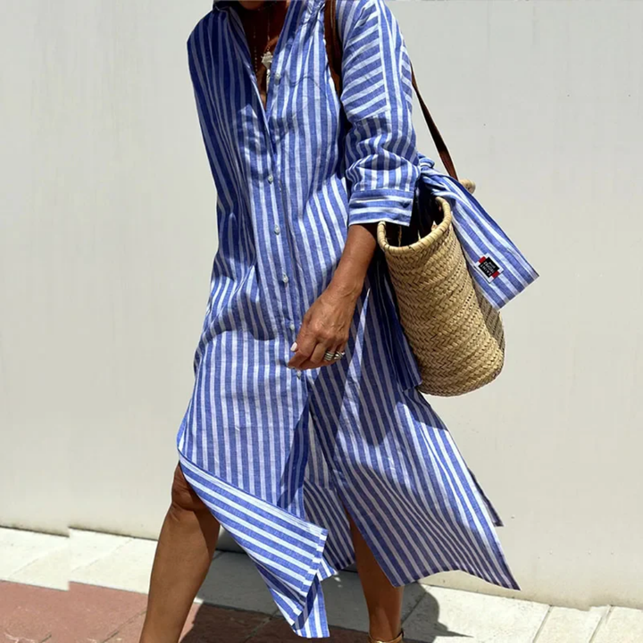 Yuna | Summer Striped Shirt Midi Dress For Women