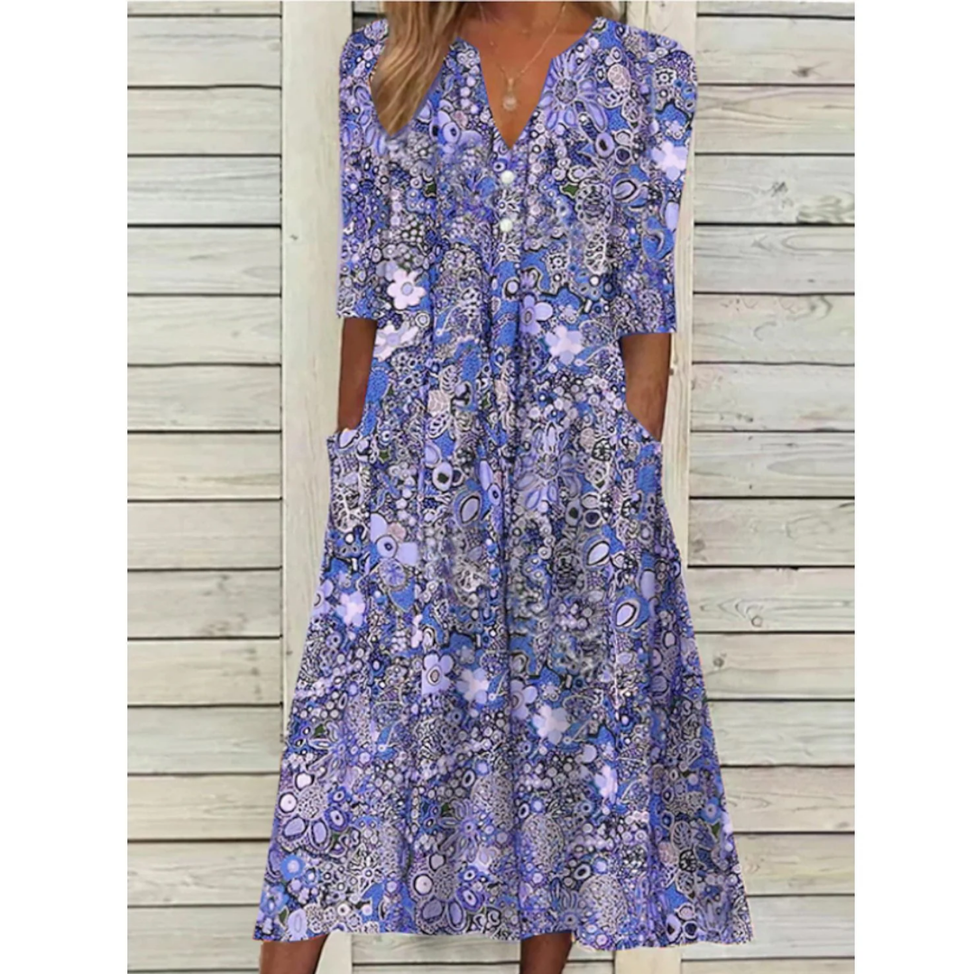 Aloise | Summer Floral V Neck Midi Dress For Women