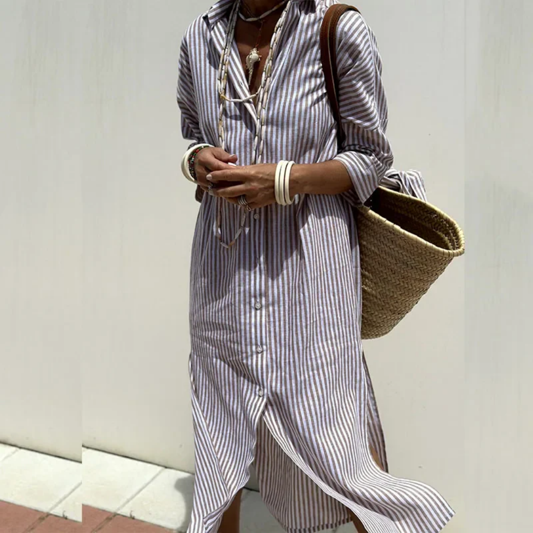 Yuna | Summer Striped Shirt Midi Dress For Women