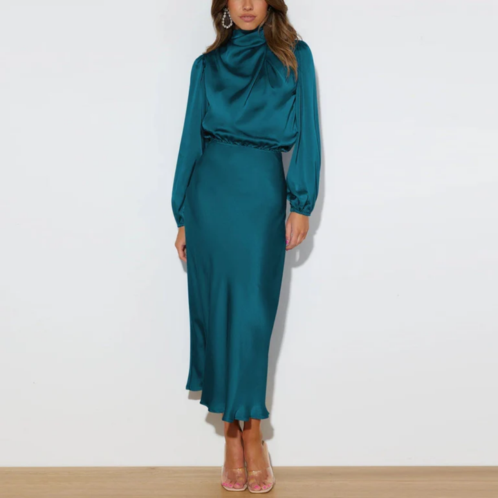 Janeil | Elegant Work Turtle Neck Long Sleeve Midi Dress For Women