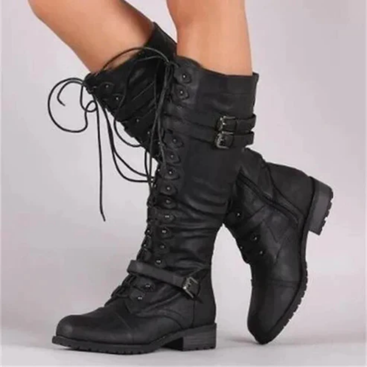 Maliyah | Retro Lace Up High Knee Flat Boots For Women