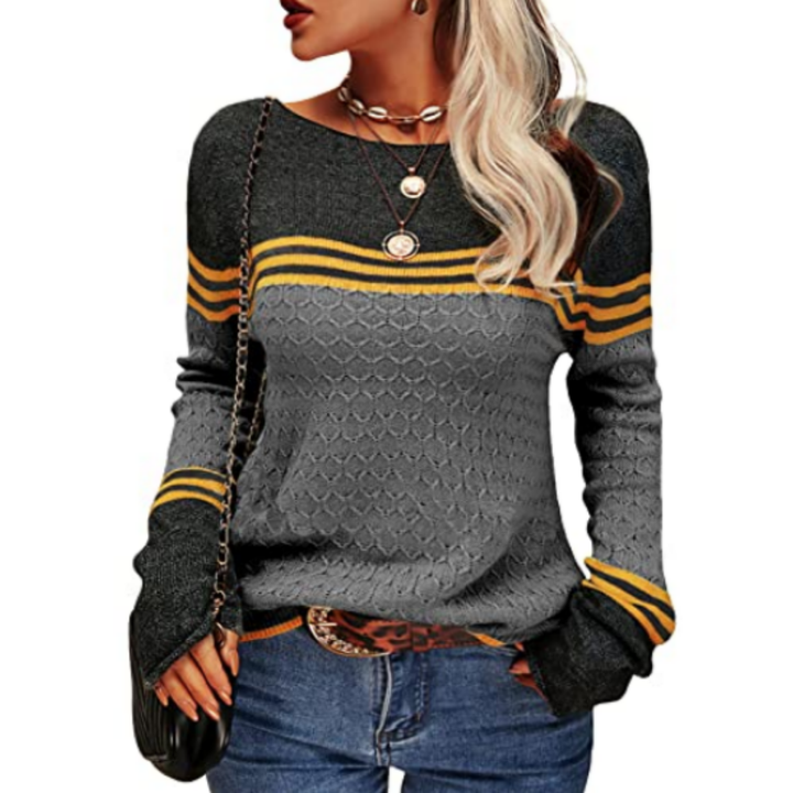 Waka | Warm Stripped Boat Neck Knitted Sweatshirt For Women