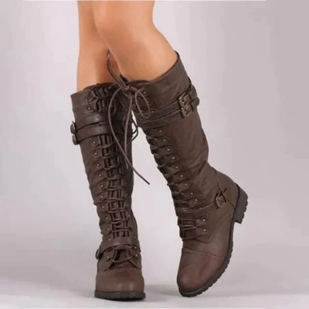 Maliyah | Retro Lace Up High Knee Flat Boots For Women