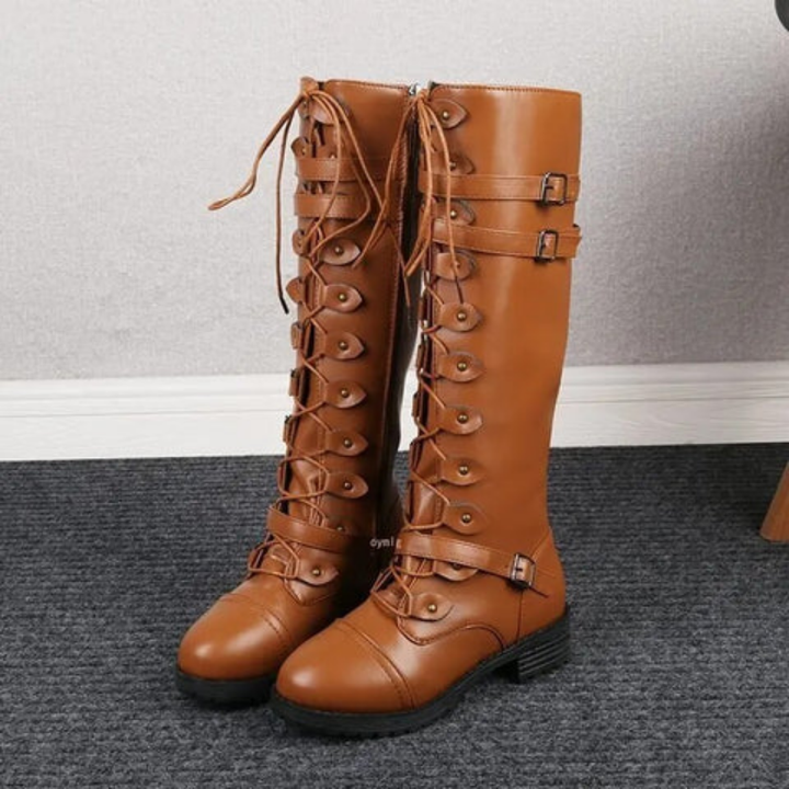 Maliyah | Retro Lace Up High Knee Flat Boots For Women