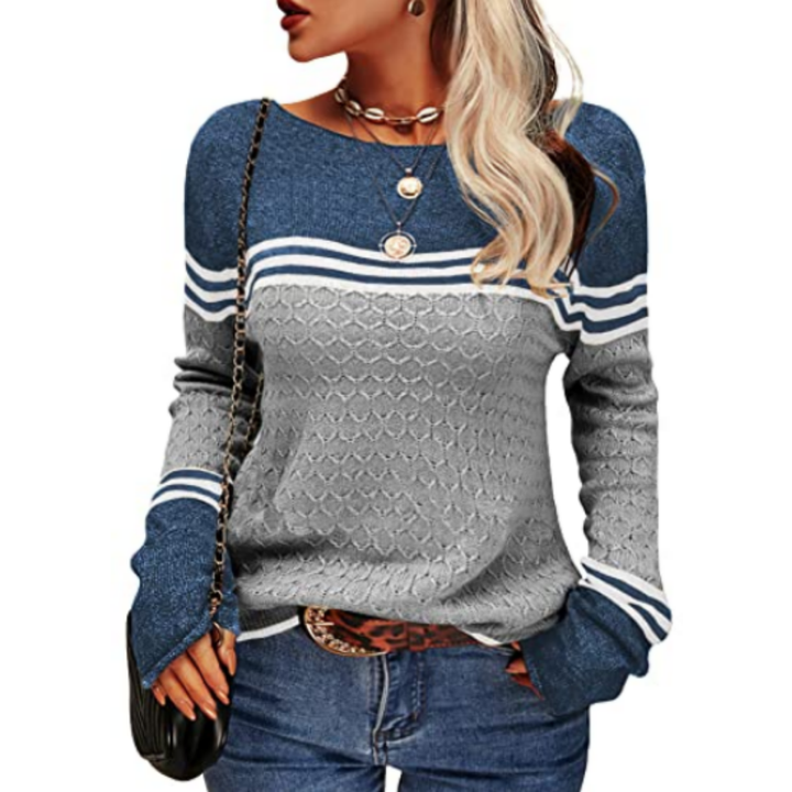 Waka | Warm Stripped Boat Neck Knitted Sweatshirt For Women