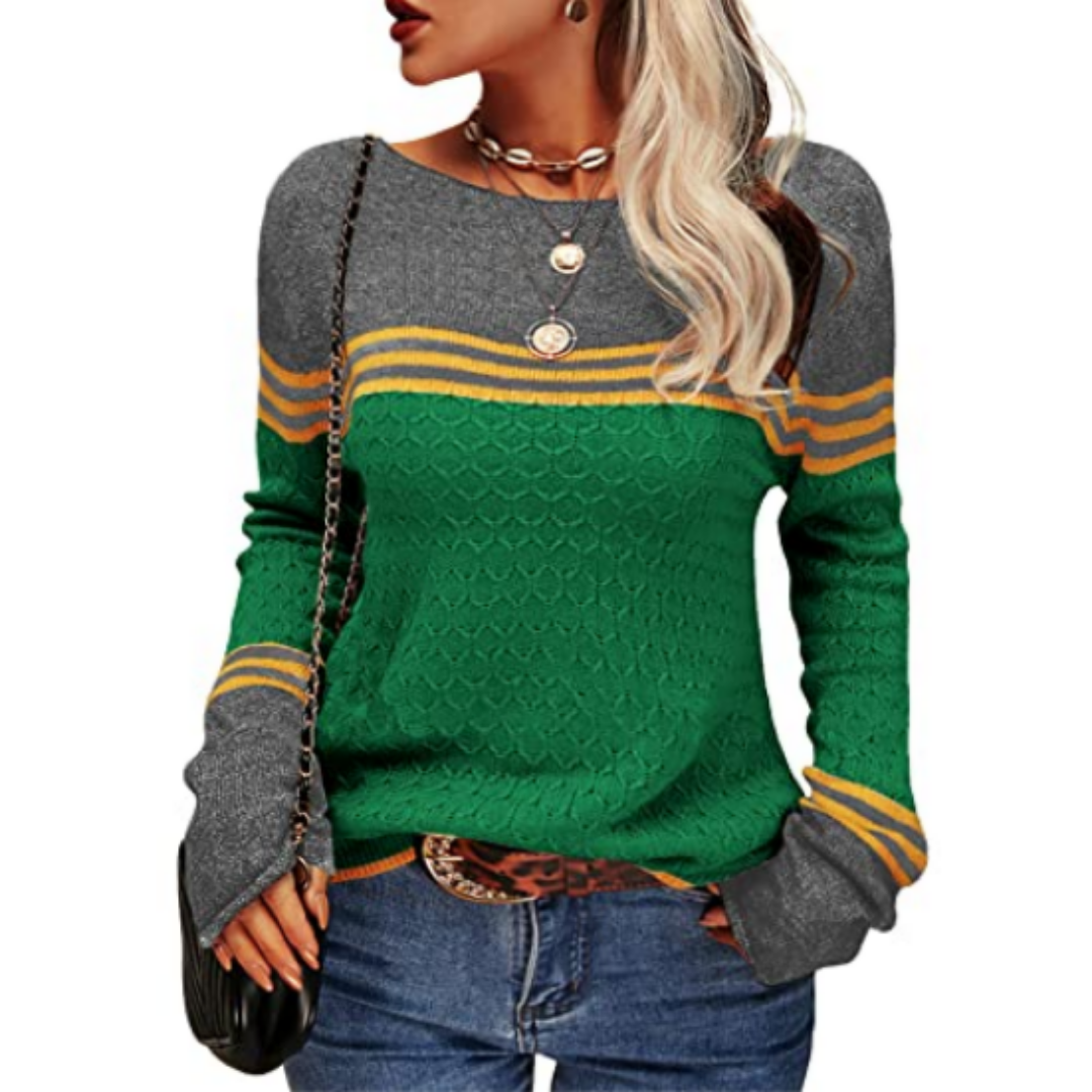 Waka | Warm Stripped Boat Neck Knitted Sweatshirt For Women