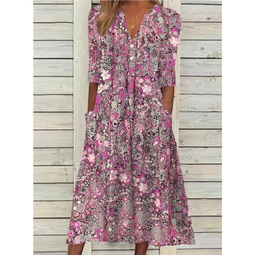 Aloise | Summer Floral V Neck Midi Dress For Women