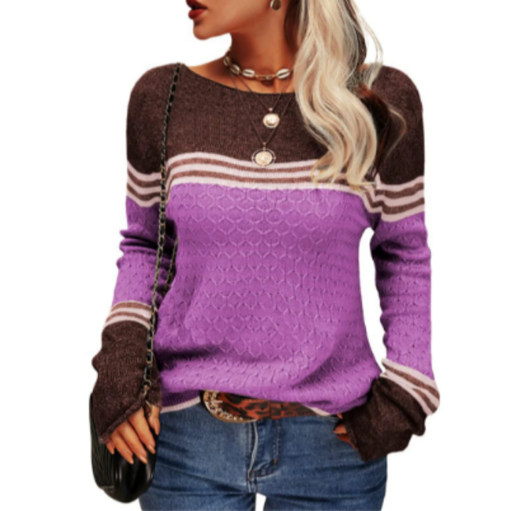 Waka | Warm Stripped Boat Neck Knitted Sweatshirt For Women