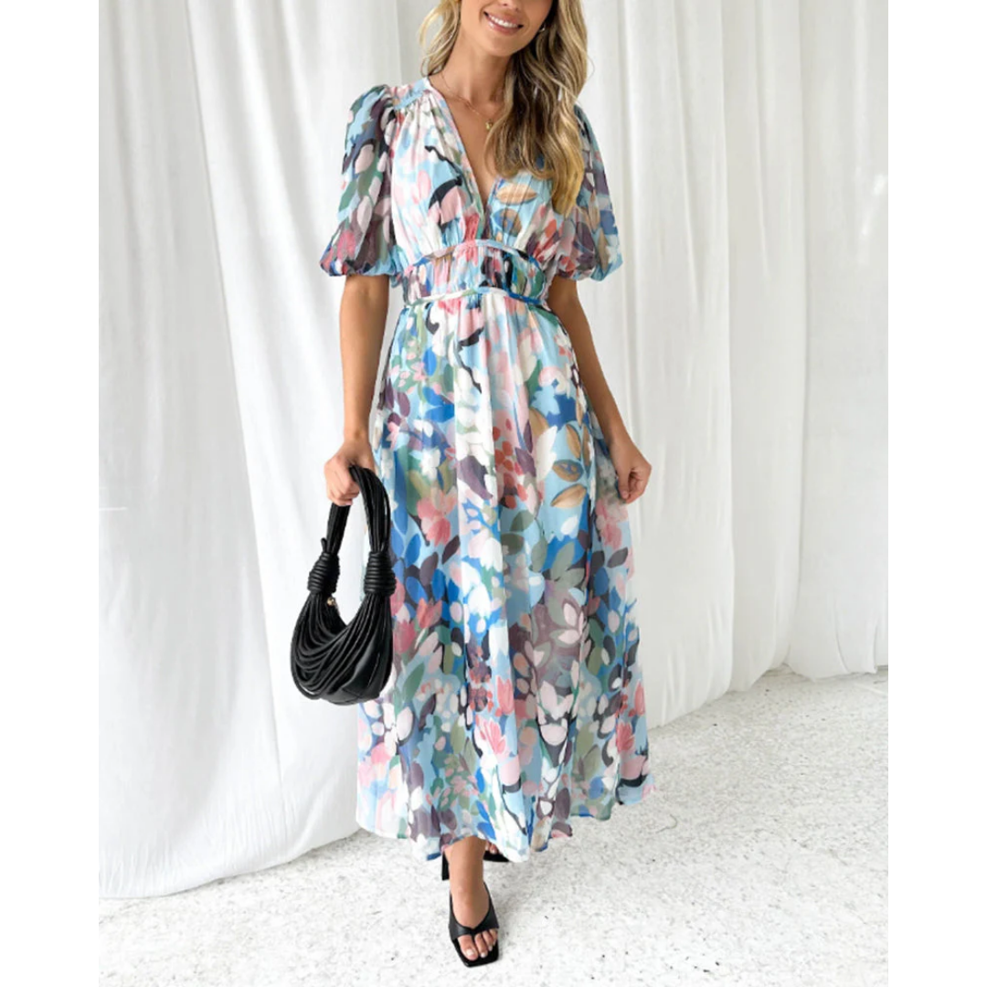 Adala | Floral Cocktail Puffed Sleeve Midi Dress For Women