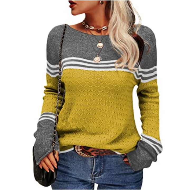 Waka | Warm Stripped Boat Neck Knitted Sweatshirt For Women