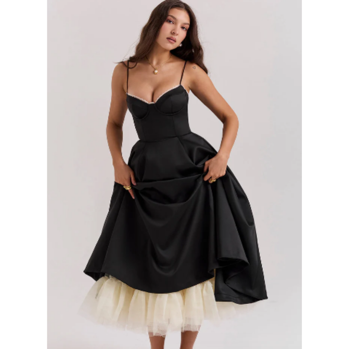 Quesia | Elegant Corset Fit And Flare Midi Dress For Women