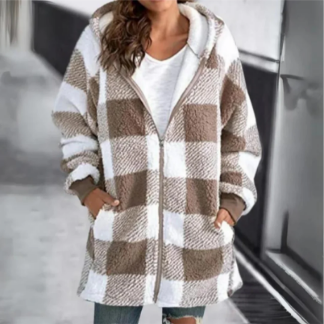 Zyta | Warm Zip Up Long Hooded Plaid Jacket For Women