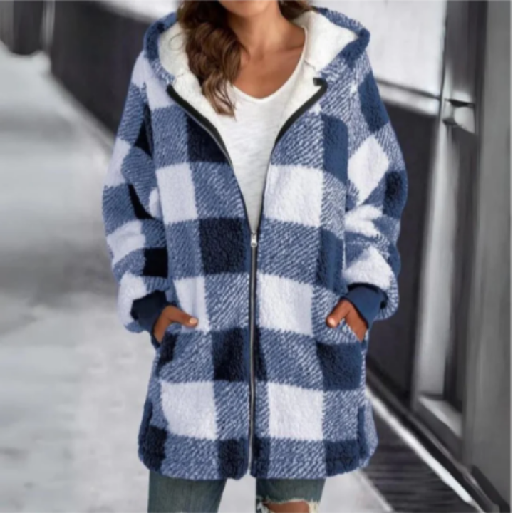 Zyta | Warm Zip Up Long Hooded Plaid Jacket For Women