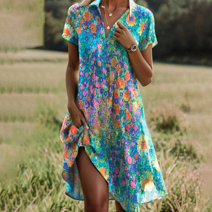 Ulyssa | Summer Floral V Neck Midi Dress For Women