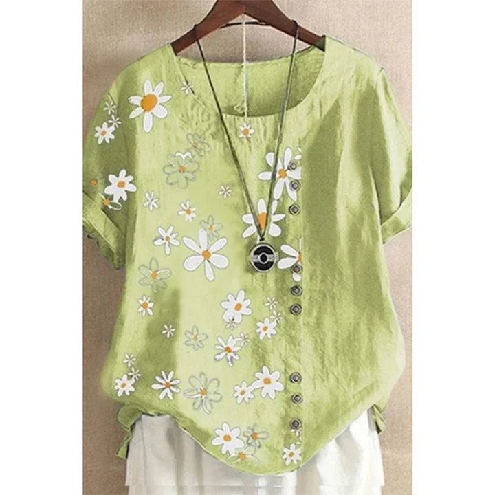 Hane | Summer Floral Short Sleeve Round Neck Blouse For Women