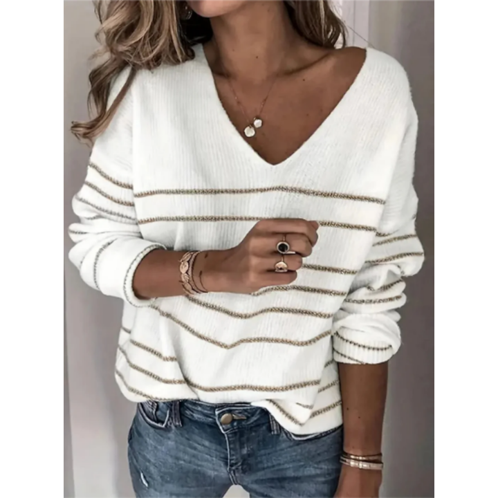 Yefim | Warm Stylish Stripped  V Neck Sweater For Women