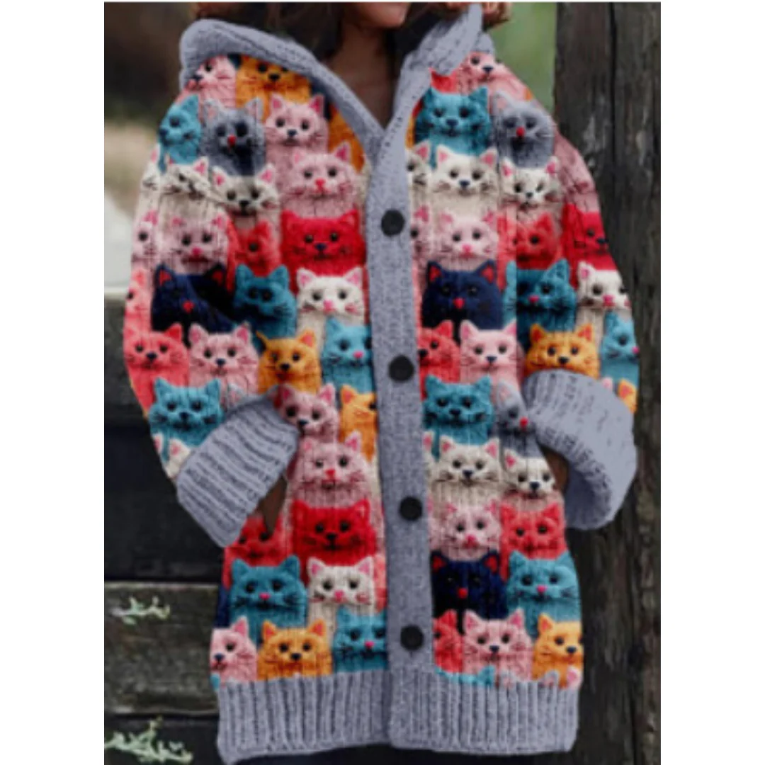 Ophra | Knitted Winter Warm Cat Pattern Cardigan For Women