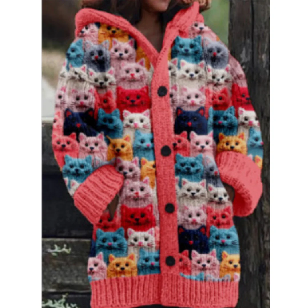 Ophra | Knitted Winter Warm Cat Pattern Cardigan For Women