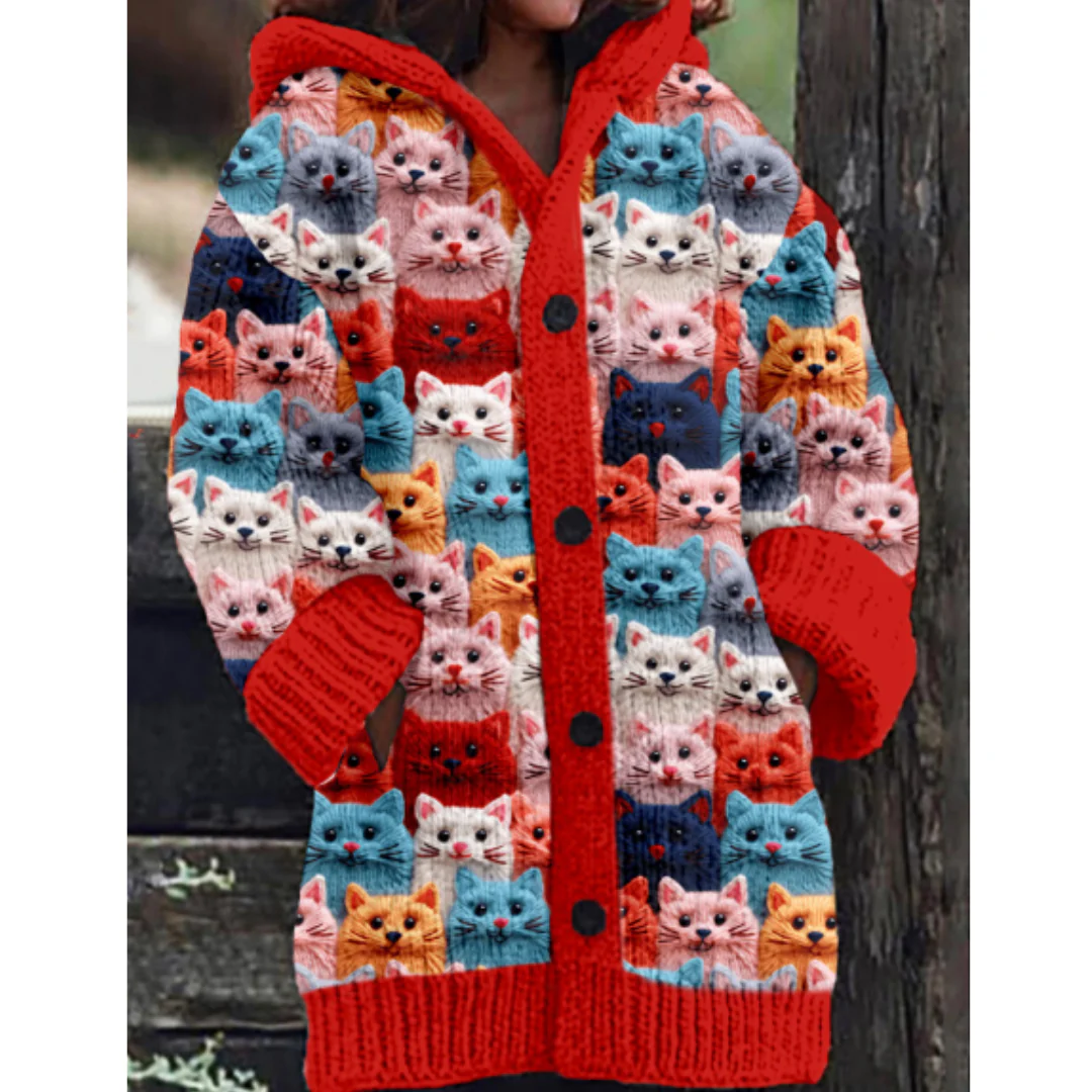 Ophra | Knitted Winter Warm Cat Pattern Cardigan For Women