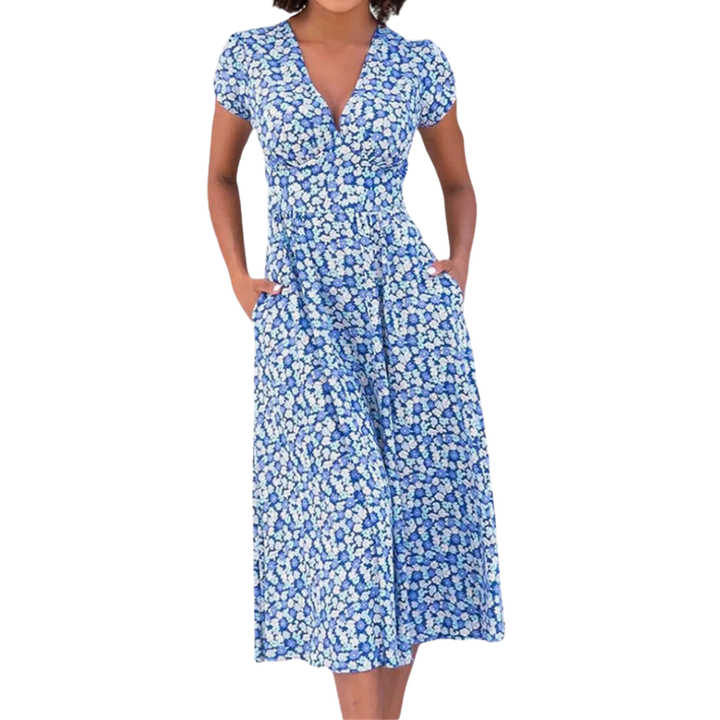 Vaeda | Summer Floral V Neck A Line Dress For Women