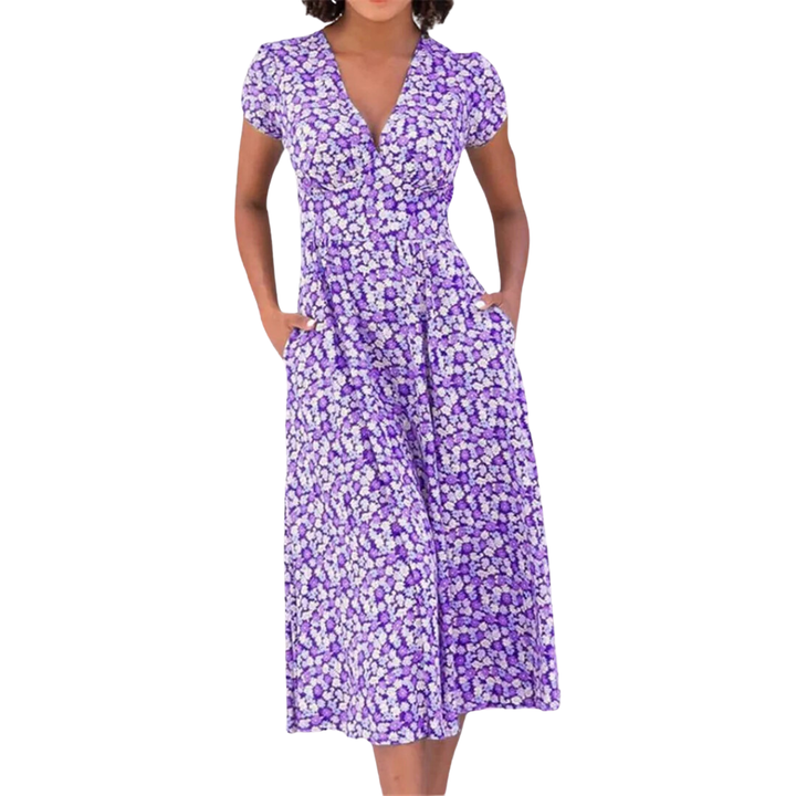 Vaeda | Summer Floral V Neck A Line Dress For Women