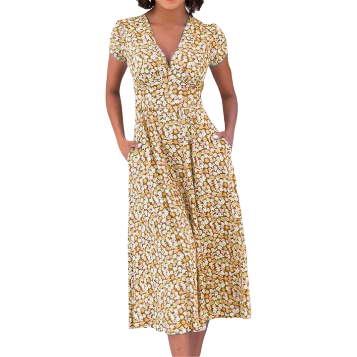 Vaeda | Summer Floral V Neck A Line Dress For Women