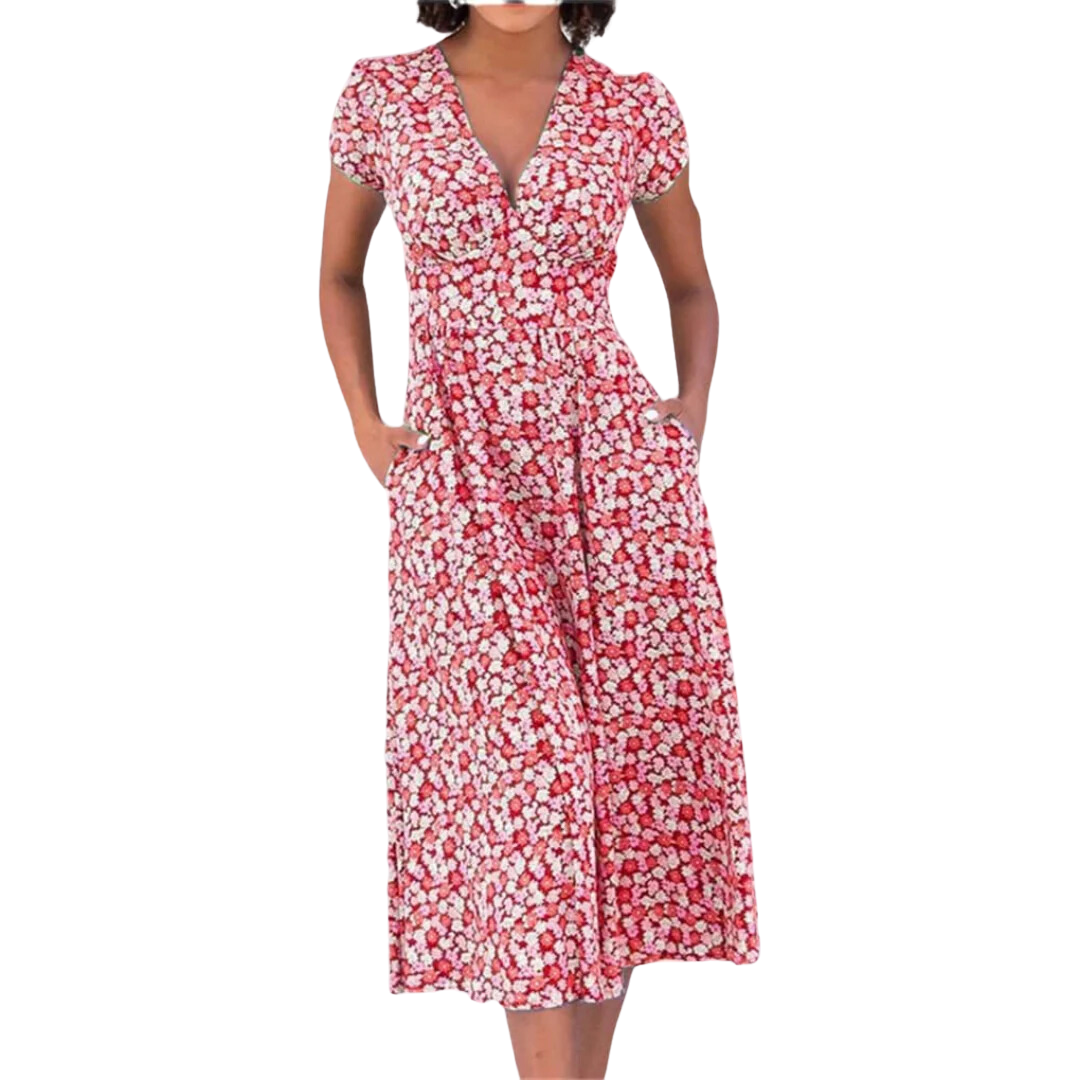 Vaeda | Summer Floral V Neck A Line Dress For Women