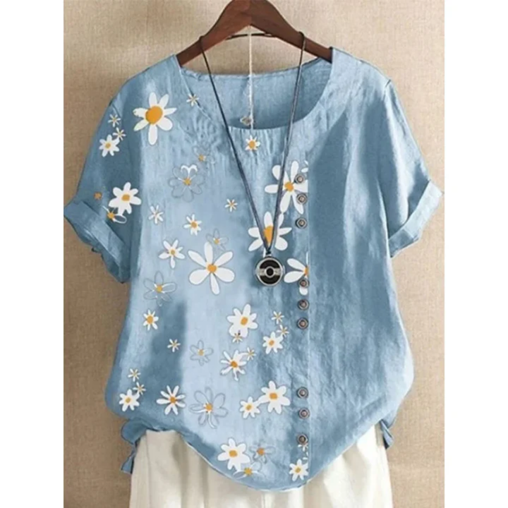 Hane | Summer Floral Short Sleeve Round Neck Blouse For Women