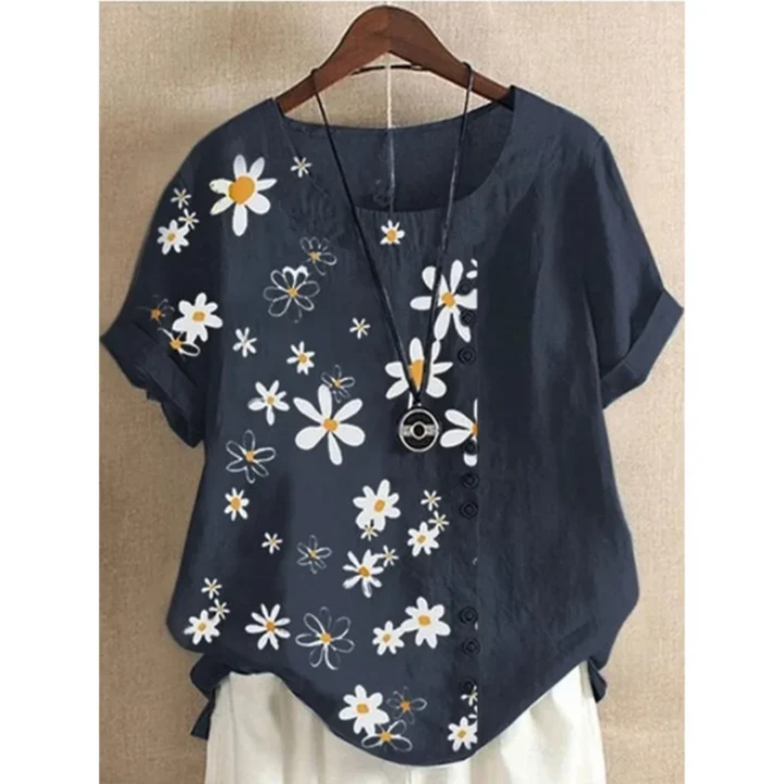 Hane | Summer Floral Short Sleeve Round Neck Blouse For Women